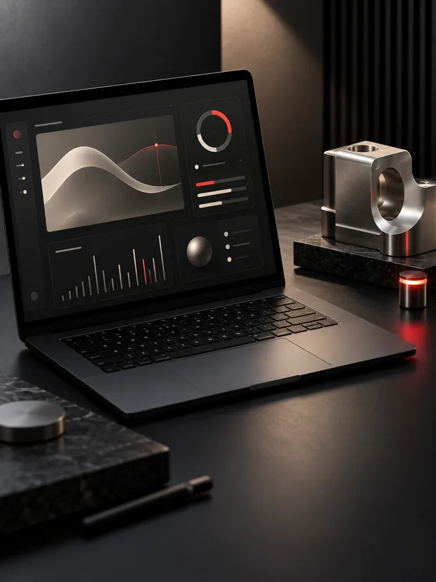 A product interface on a laptop beside a precision-machined prototype
