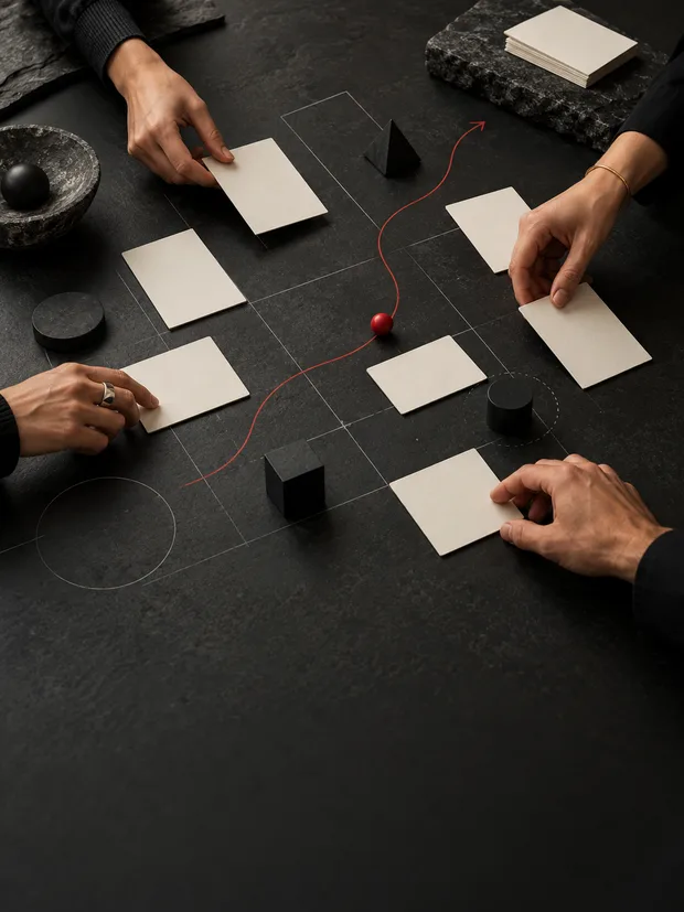 Hands mapping a strategy with cards and a red route marker