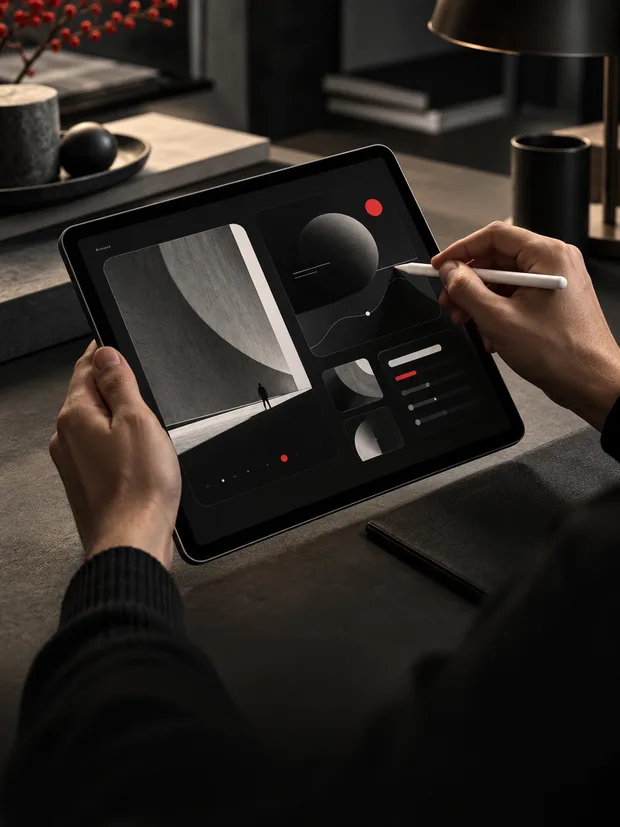 A designer creating a mobile interface on a tablet in a dark studio