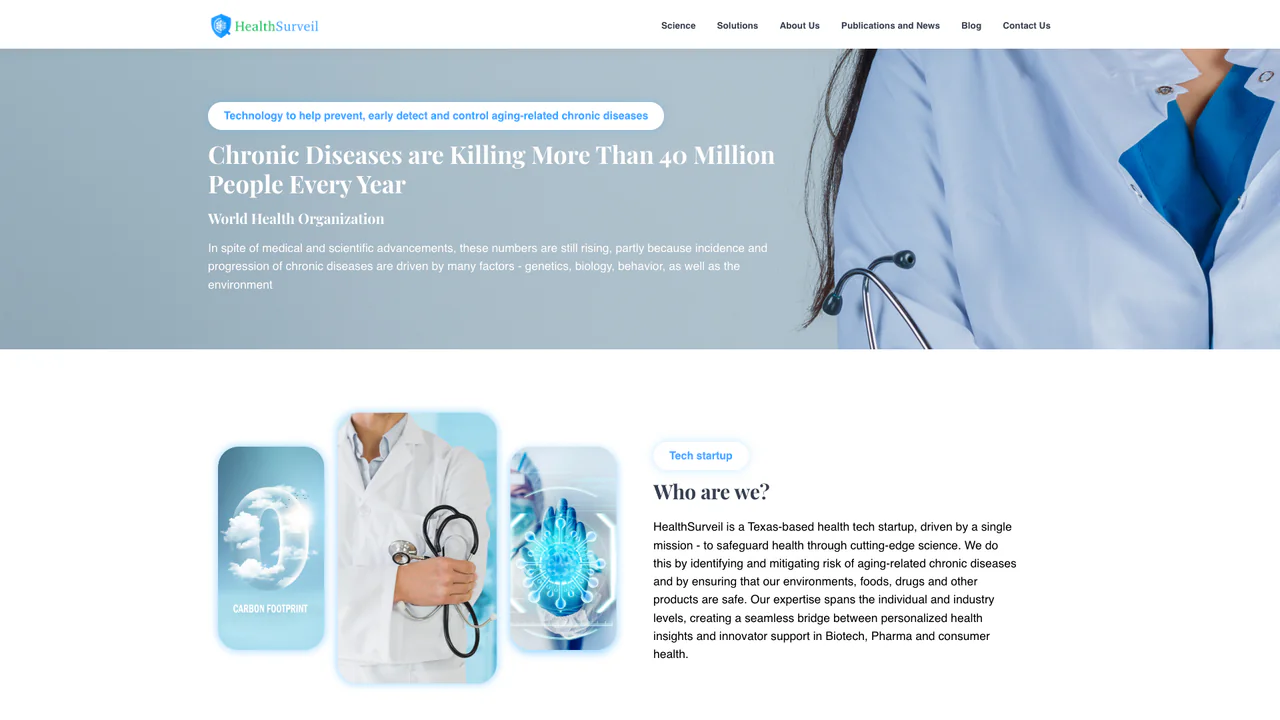 The HealthSurveil homepage: “Chronic Diseases are Killing More Than 40 Million People Every Year” — World Health Organization — over a photo of a doctor in scrubs with a stethoscope, above a “Who are we?” introduction to the Texas health-tech startup.