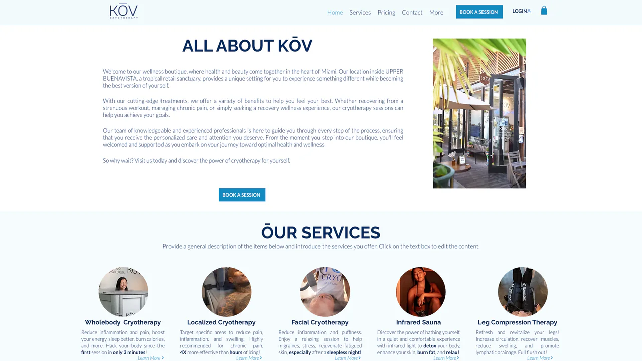 The KOV Cryotherapy homepage: an “All about KŌV” introduction to the Miami wellness boutique beside a photo of its Upper Buenavista storefront, above the start of the services section.